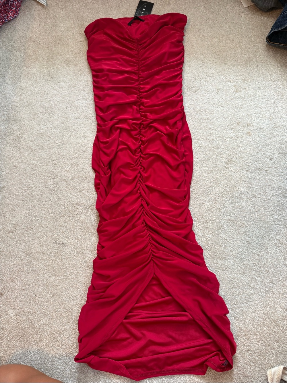 Ruched Strapless Midi Dress in Red